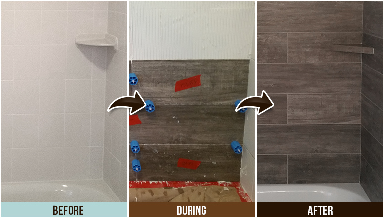 Thin Tile Can Be Installed Over Pre-existing Tile with Our Patented Water-Proof Adhesive Picture of Thin Tile Application Process for a Quick, Mess-free Bathroom Remodel